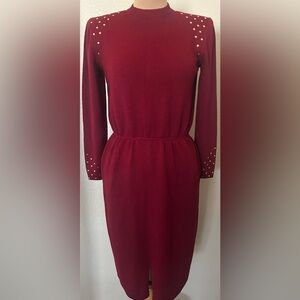 St. John Burgundy Long Sleeve Dress with Studded Accents